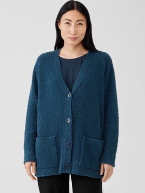 Eileen Fisher Bouclé V-Neck Navy Cardigan size XL